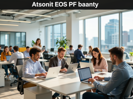 Professional team members working together in a modern office environment with laptops and collaborative workspace